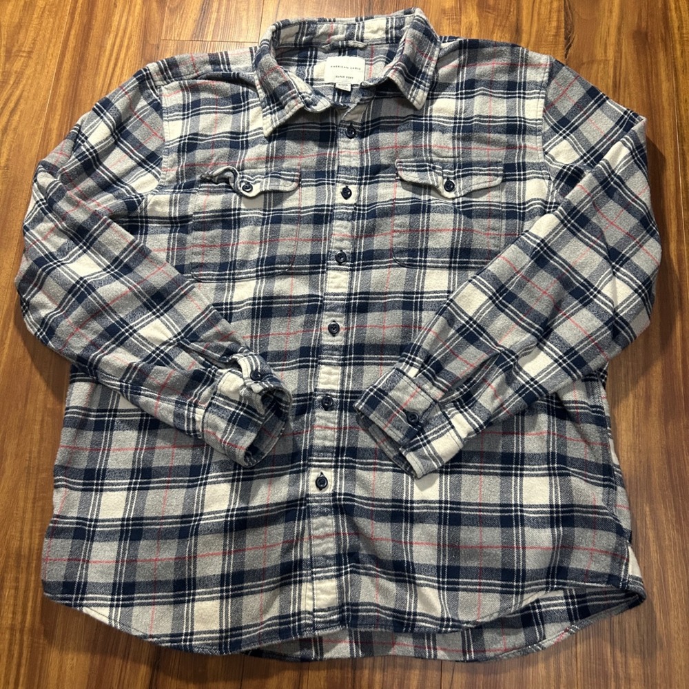 American Eagle Super Soft Flannel Shirt‎ Mens XL Blue Grey Plaid Button Down